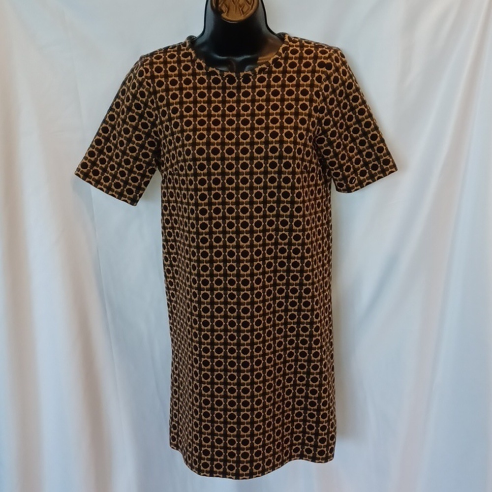 Ann Taylor LOFT Short Sleeve Quilted Knit Sweater Tunic Dress Size M Gold Navy